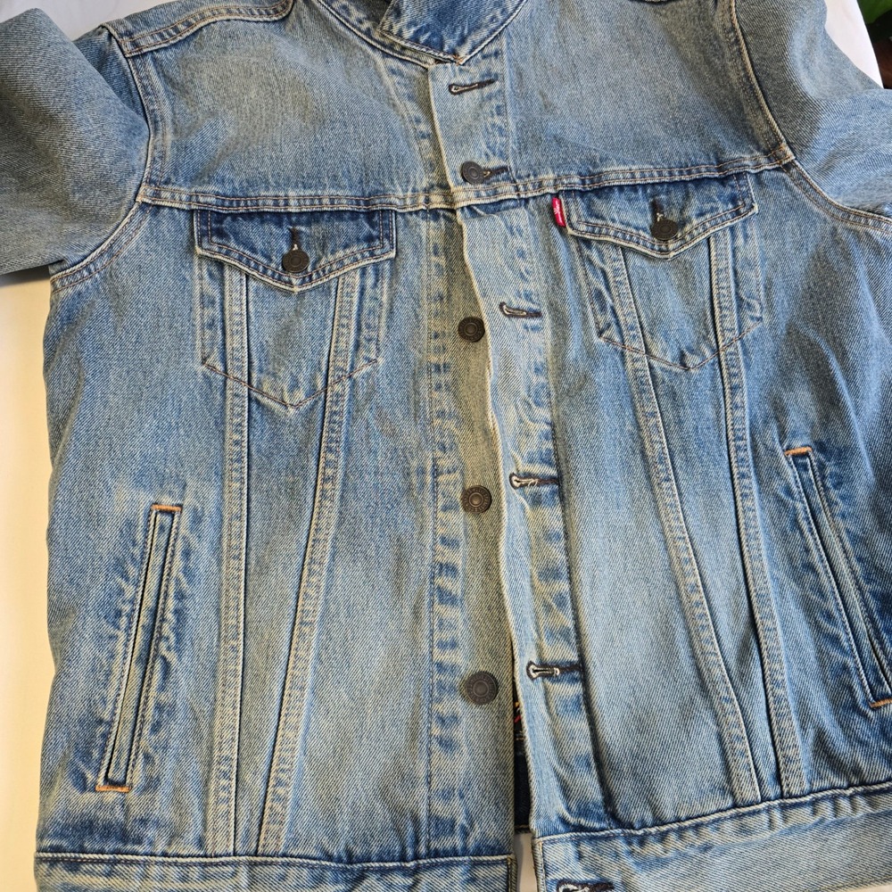 Levi Strauss & Co Denim Jacket Aloha Print Lined Blue Medium Wash Trucker - Picture 10 of 16